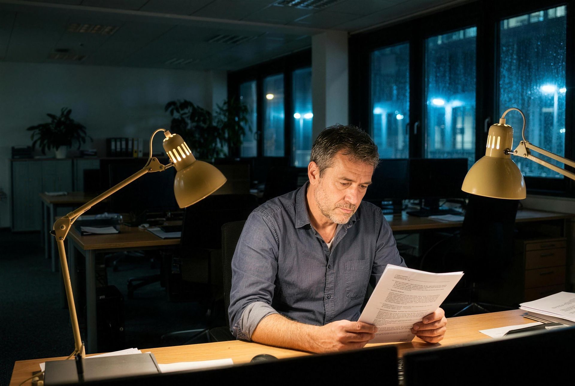 Ein Geschäftsführer sitzt abends allein am Schreibtisch, das Büro dahinter ist leer.